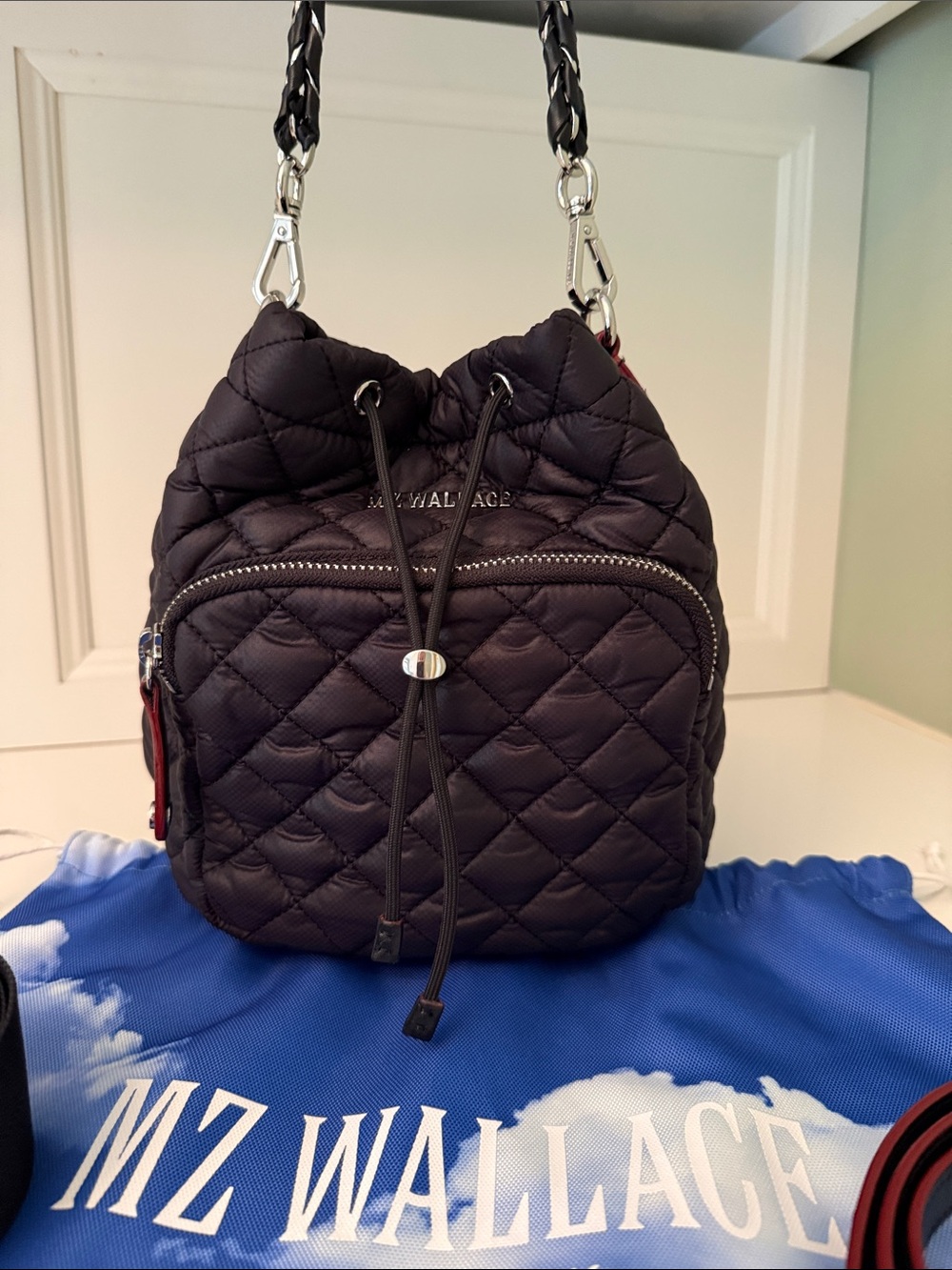 MZ Wallace Crosby Black Quilted Drawstring Bucket Bag Brand New with dust bag